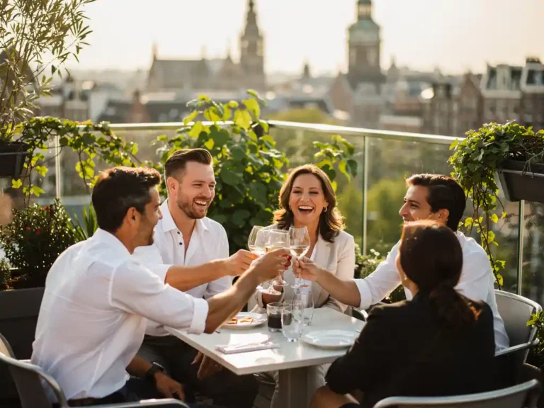 Professionals lachen en proosten tijdens een borrel op een zonnig dakterras in Amsterdam met groen langs glazen balustrades.