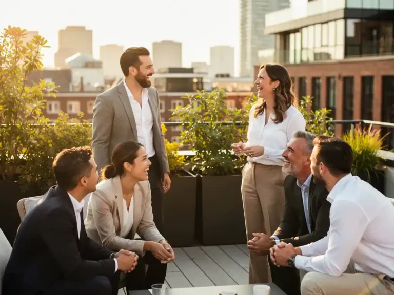 Lachende professionals in gesprek op een zonnig dakterras met de Amsterdamse skyline en weelderig groen op de achtergrond.