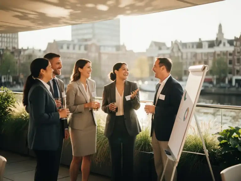 Professionals in gesprek op een zonnig dakterras in Amsterdam, met naamkaartjes en een presentatie-ezel, gouden avondlicht.