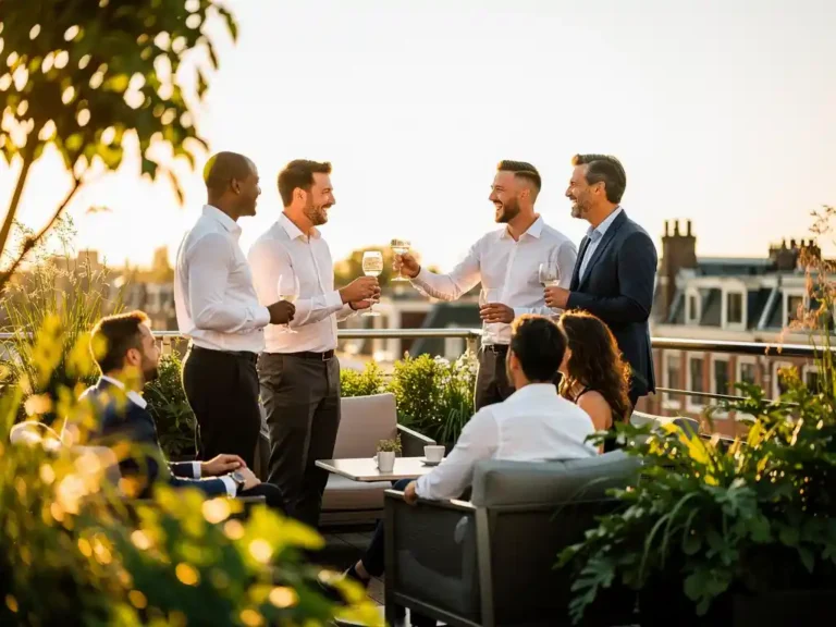 Professionals lachen en proosten op een zonnig dakterras in Amsterdam, omringd door weelderig groen en warm gouden middaglicht.