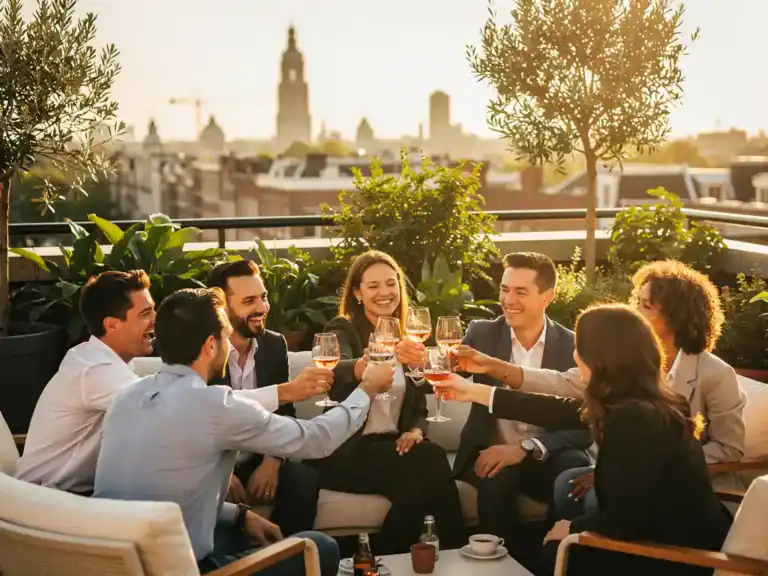 Professionals proosten tijdens een borrel op een zonnig dakterras met de skyline van Amsterdam op de achtergrond.