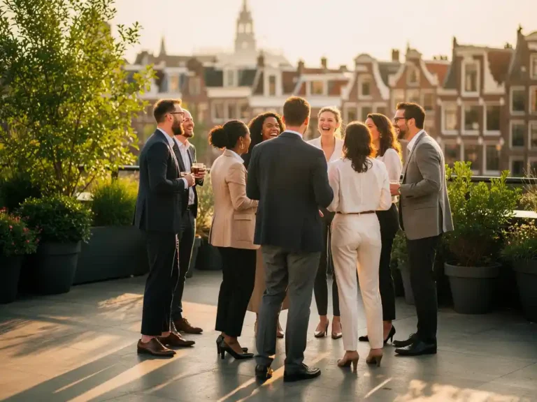 Professionals in smart-casual kleding lachen en converseren op een zonnig dakterras met de Amsterdamse skyline op de achtergrond.