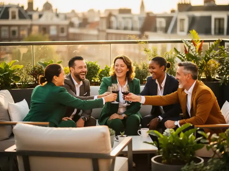 Professionals lachen en proosten op een zonnig dakterras in Amsterdam tijdens gouden uur, omgeven door weelderige planten.