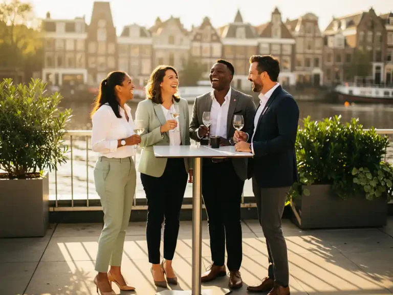 Lachende professionals met drankjes aan een statafel op een zonnig dakterras met de skyline van Amsterdam op de achtergrond.