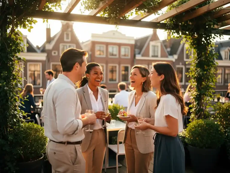 Diverse groep professionals die lachen en praten op een zonnig dakterras in Amsterdam, omgeven door weelderige groene planten.