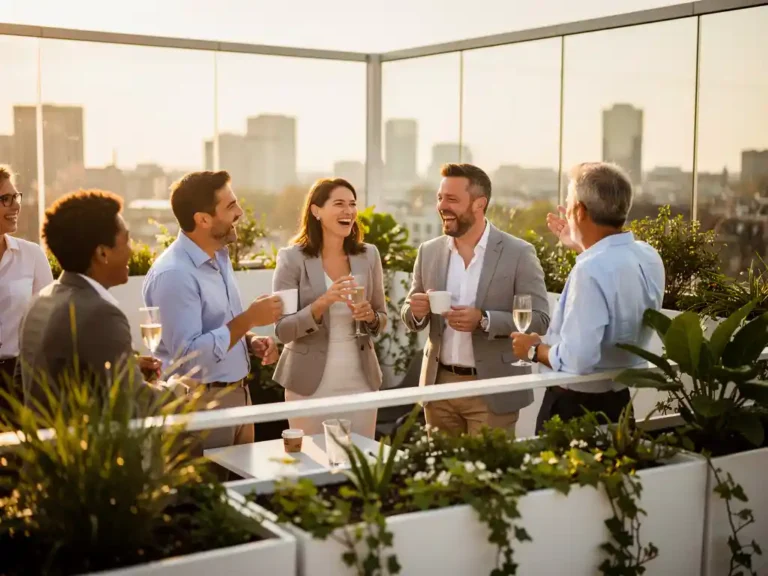 Professionals in casual blazers lachen en praten op een zonnig dakterras in Amsterdam, omgeven door weelderige groene planten.