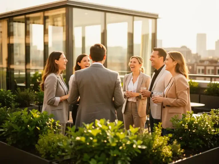 Lachende professionals in gesprek op een zonnig dakterras in Amsterdam, omringd door groene planten en warm gouden licht.