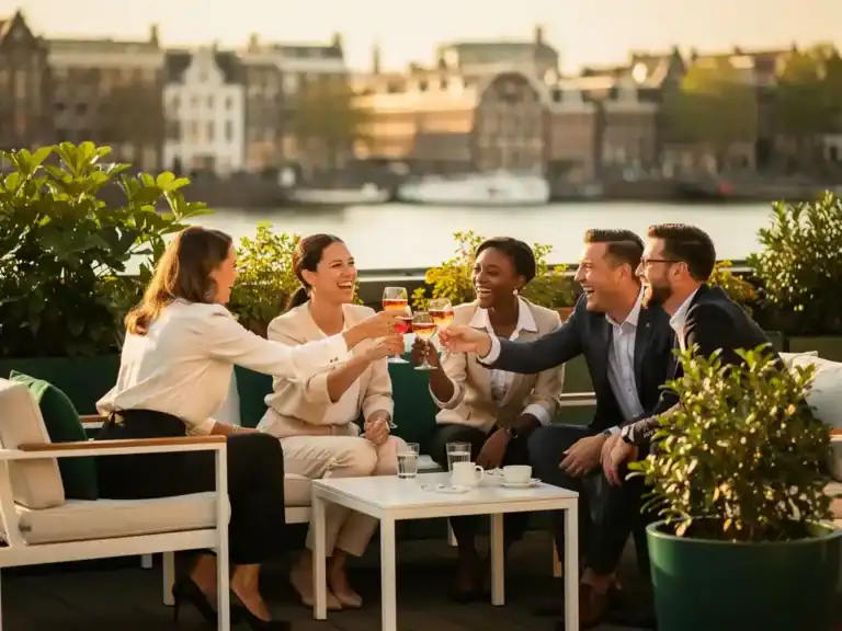 Collega's proosten en lachen op een zonnig dakterras in Amsterdam, omgeven door groen en modern meubilair in gouden middaglicht.