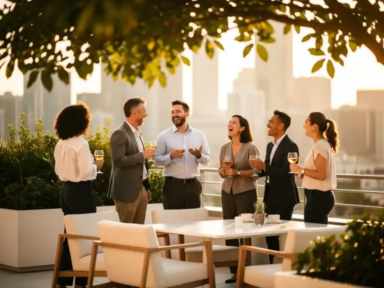 Professionals lachen en netwerken op een zonnig dakterras met stadssilhouet op de achtergrond.