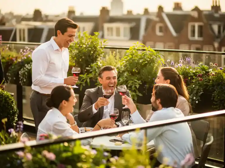 Professionals proosten lachend op een zonnig dakterras in Amsterdam, omgeven door weelderig groen en warm gouden avondlicht.
