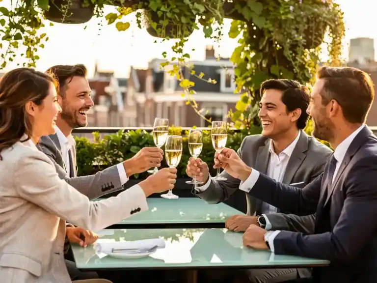 Professionals proosten lachend met champagne op een zonnig dakterras in Amsterdam, omgeven door moderne architectuur en groen.