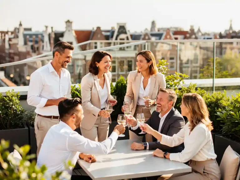 Professionals lachen en proosten op een zonnig dakterras in Amsterdam, omgeven door groen en stadspanorama.