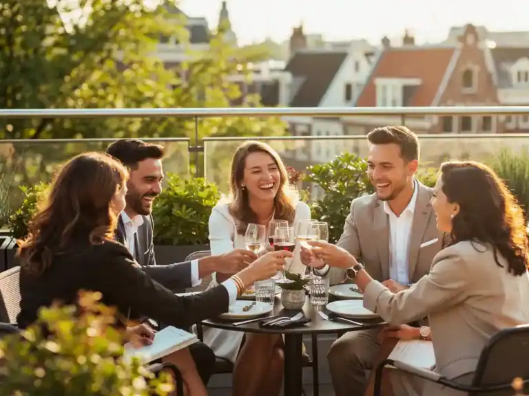Professionals die lachen en proosten op een zonnig dakterras in Amsterdam, omgeven door stadsgroen in warm middaglicht.