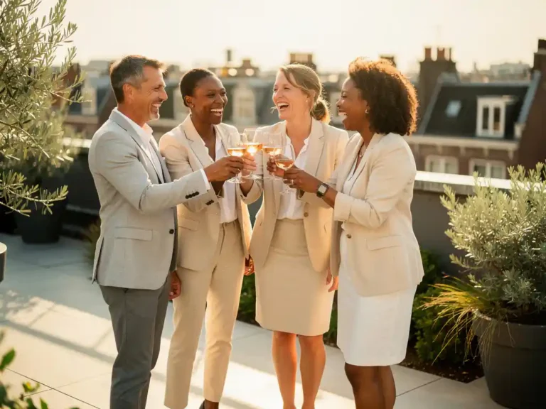Vijf professionals proosten lachend op een zonnig dakterras in Amsterdam tijdens gouden uur, omgeven door weelderig groen.