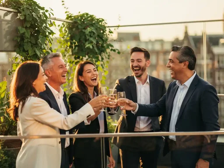 Professionals proosten lachend tijdens een spontaan netwerkevenement op een zonnig dakterras in Amsterdam met weelderig groen.