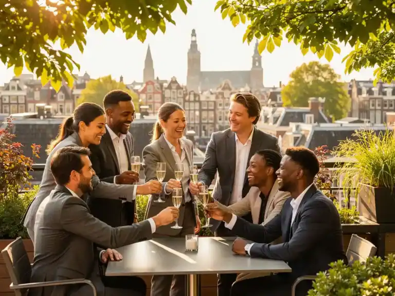 Collega's proosten met champagne op een zonnig dakterras in Amsterdam, omringd door groen en gouden middaglicht.