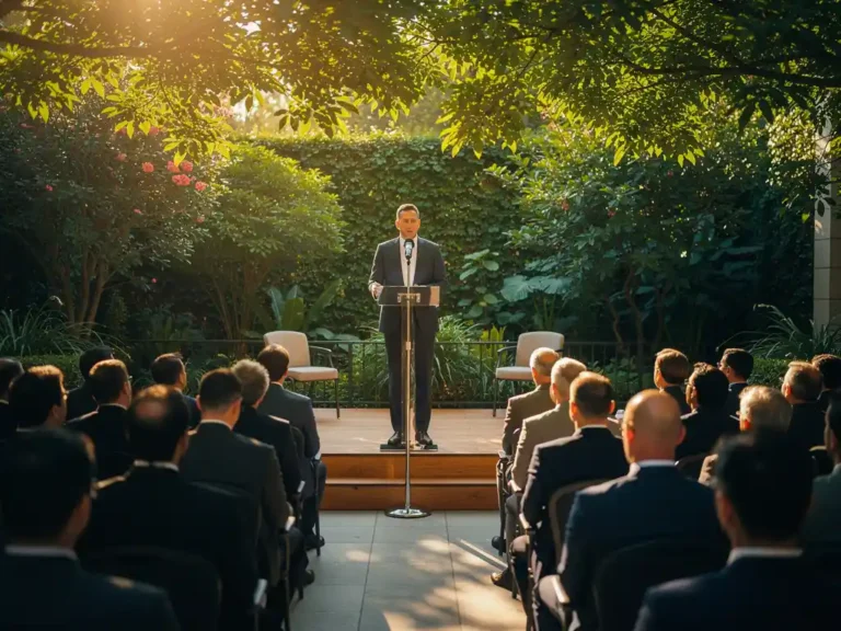 Spreker op verlicht buitenpodium voor betrokken zakelijk publiek op een terras, omgeven door groen bladerdak en warm gouden licht.