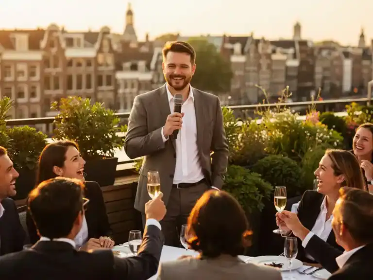 Spreker met microfoon op zonnig Amsterdam dakterras, lachende professionals heffen champagneglazen tijdens netwerkevenement bij gouden uurtje.