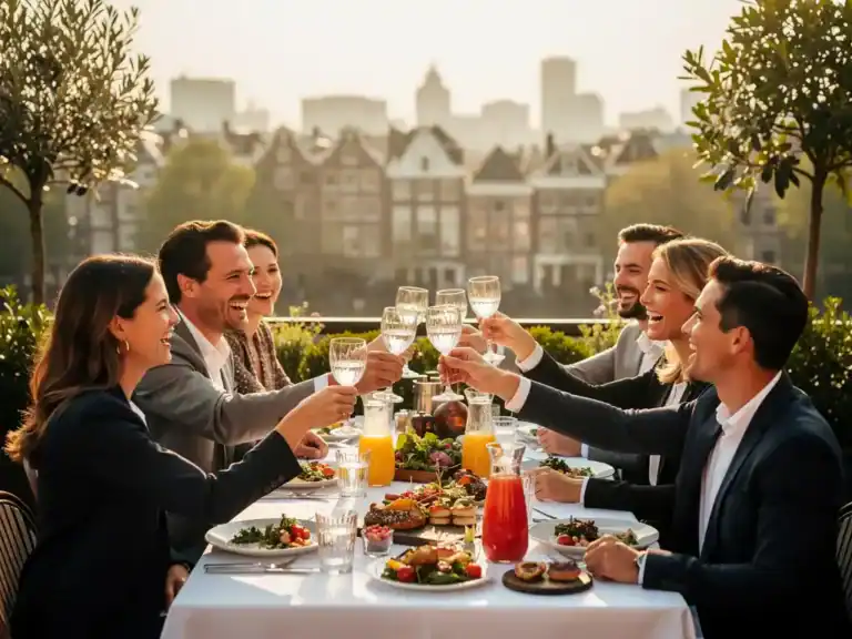 Professionals proosten met elegante glazen op een zonnig dakterras in Amsterdam, omgeven door groen en tafels met seizoensgerechten.