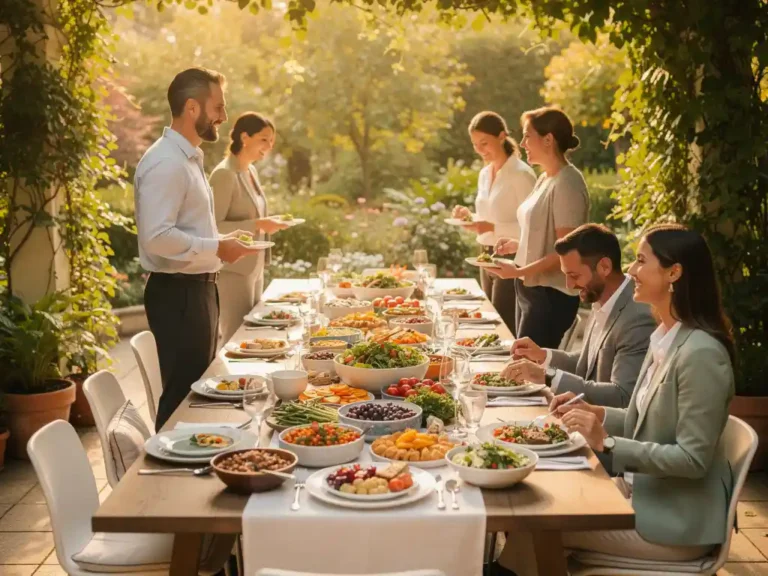 Professionals lunchen aan een lange tafel op een zonnig terras met kleurrijke mezze, salades en dieetvriendelijke opties tussen weelderig groen.