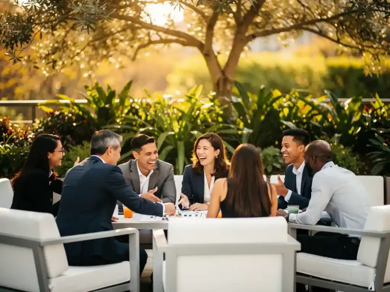 Professionals lachen en samenwerken tijdens een zakelijk buitenevenement op een zonnig terras met moderne meubels en weelderig groen.