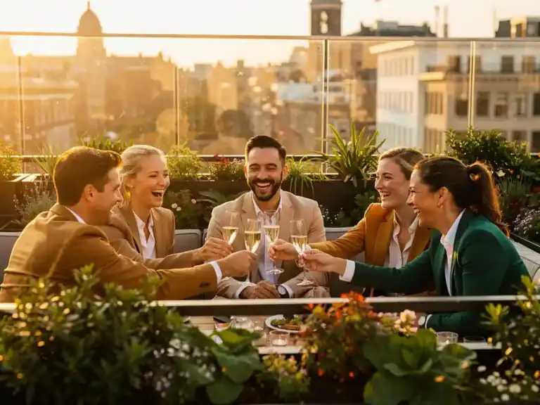 Professionals proosten met champagne op een zonnig dakterras in Amsterdam, omgeven door weelderig groen in warm gouden avondlicht.