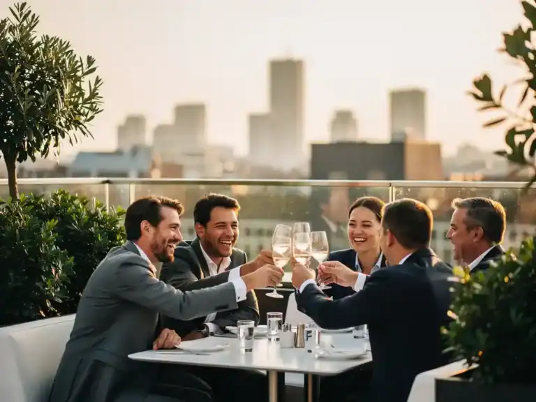 Professionals klinken glazen op een zonnig dakterras met uitzicht op de Amsterdamse skyline tijdens een zakelijke viering.