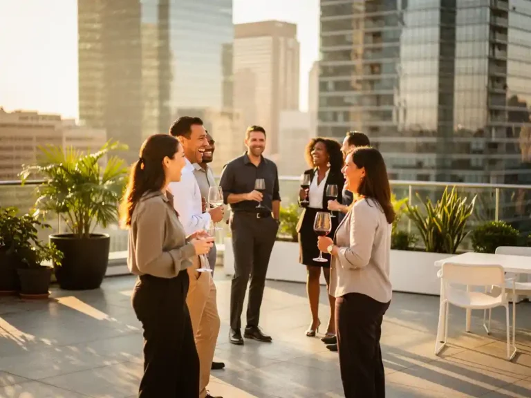 Professionals lachen en kletsen op een zonnig dakterras met een moderne skyline en weelderige planten op de achtergrond.