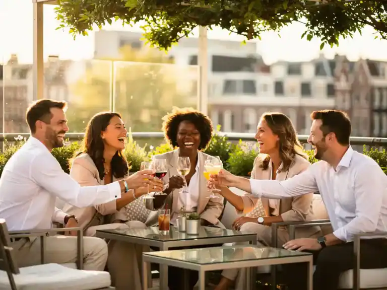 Lachende professionals die proosten op een zonnig dakterras in Amsterdam, omgeven door groen en warm gouden middaglicht.