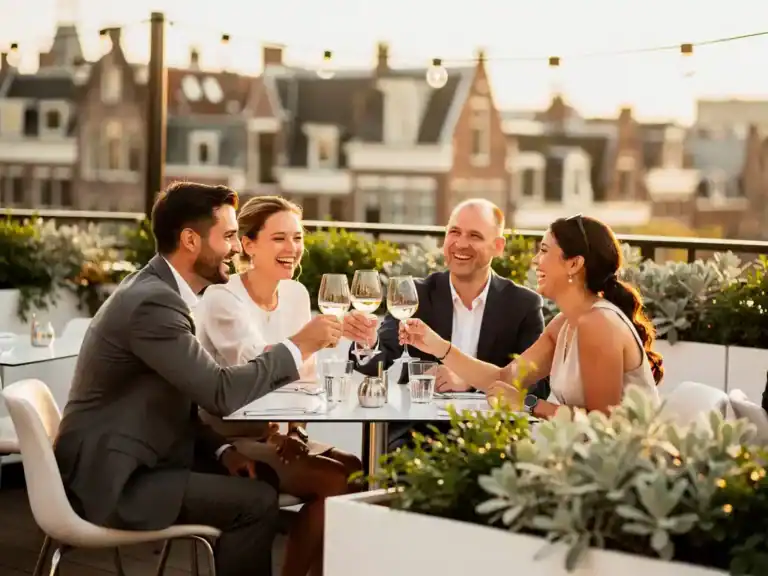 Professionals klinken glazen op een zonnig dakterras in Amsterdam, omgeven door groen en sfeervolle lichtjes bij gouden uur.