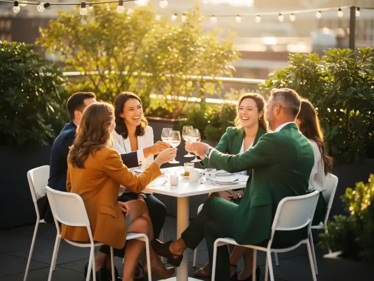 Professionals proosten lachend op een zonnig dakterras in Amsterdam tijdens een zakelijk evenement, omgeven door groen en sfeervolle lichtjes.