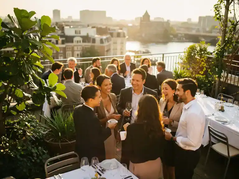 Professionals netwerken op een zonnig dakterras in Amsterdam tijdens gouden uur, feestelijke tafels met glaswerk op de achtergrond.