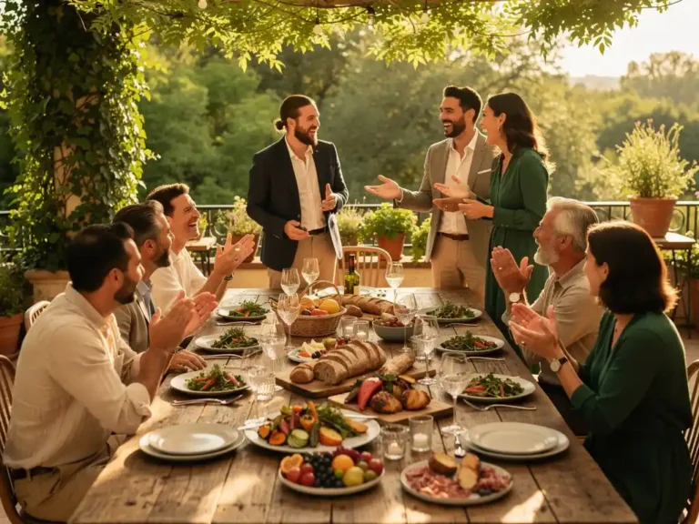 Houten cateringtafel met elegante gerechten en wijnglazen in gouden licht, omringd door lachende professionals op een zonnig terras.