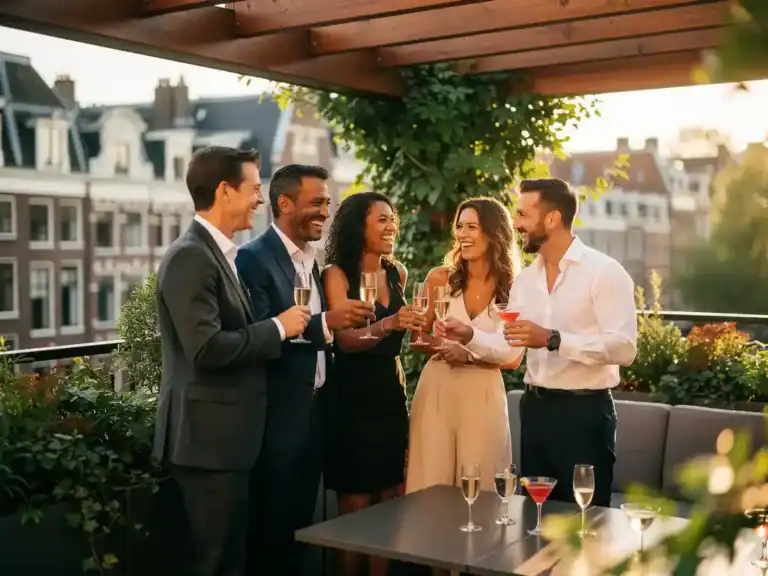 Lachende professionals die cocktails proosten op een zonnig dakterras in Amsterdam, warm goudkleurig licht door een pergola.