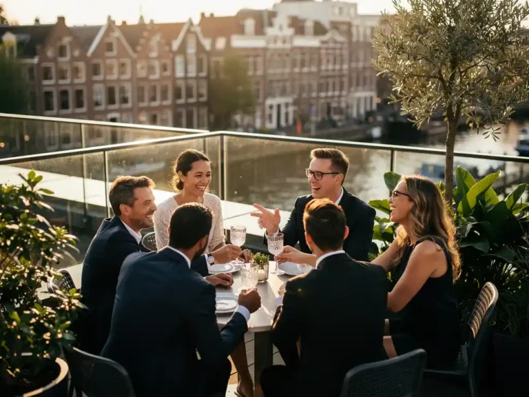 Professionals proosten lachend op een zonnig dakterras in Amsterdam, omringd door weelderig groen in warm middaglicht.