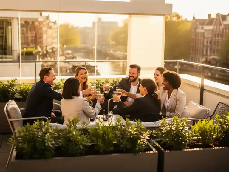 Lachende professionals die roosteren op een zonnig dakterras in Amsterdam, omgeven door weelderig groen en modern meubilair.
