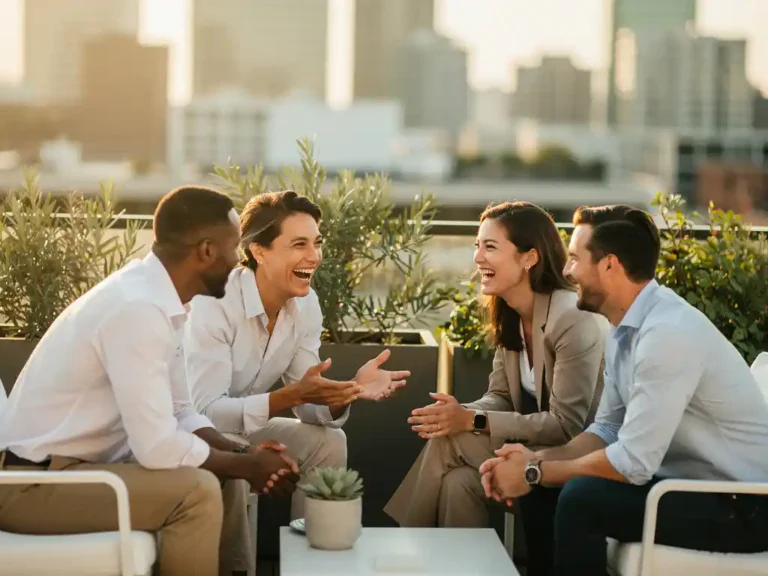 Lachende professionals in gesprek op een zonnig dakterras, met een stadssilhouet en groene plantenbakken op de achtergrond.