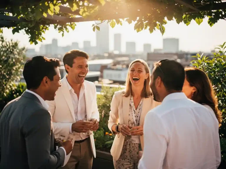 Lachende professionals in gesprek op een zonnig dakterras in Amsterdam, moderne skyline zachtjes vervaagd achter groen gebladerte.