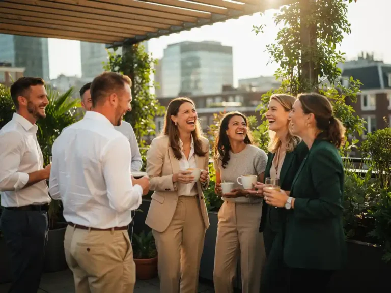 Professionals in zakelijke kleding lachen en netwerken op een zonnig dakterras met de skyline van Amsterdam op de achtergrond.