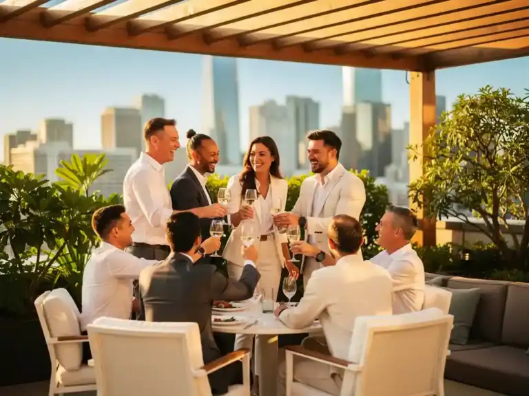 Professionals lachen en proosten op een zonnig dakterras met modern stadssilhouet en weelderig groen op de achtergrond.