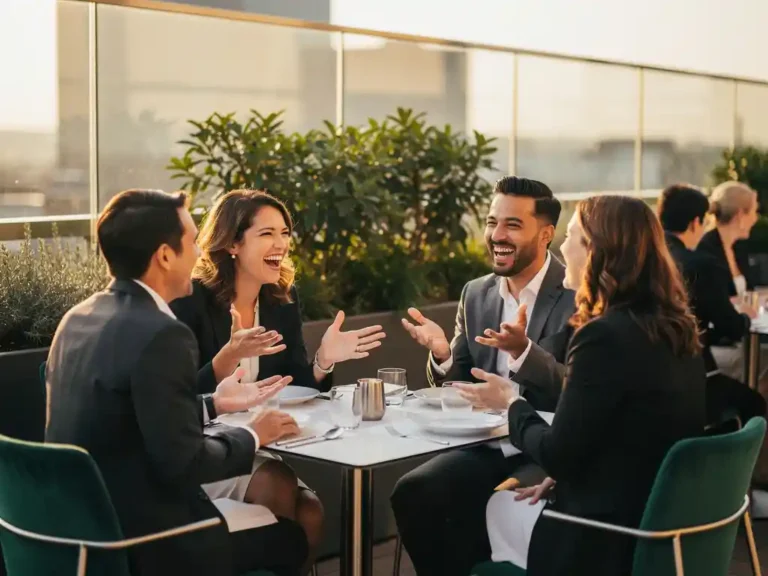 Professionals in gesprek tijdens een zakelijk netwerkevenement op een zonnig dakterras met groene beplanting en gouden avondlicht.