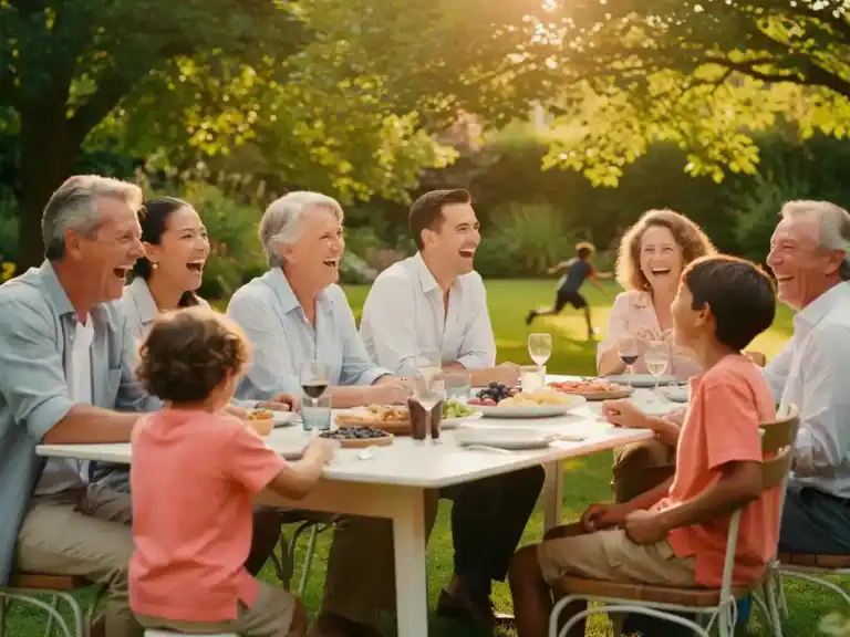 Multigenerationeel gezelschap lacht samen op zonnig tuinterras tijdens feestelijk samenzijn, kinderen spelen op gras, gouden avondlicht.