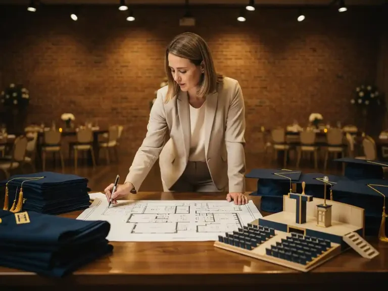 Eventcoördinator bestudeert plattegronden op tafel omringd door academische toga's, graduatiepetten en miniatuur podiummodellen in sfeervolle locatie.