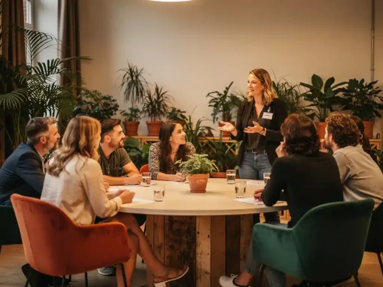 Diverse groep deelnemers in gesprek rond een ronde tafel in een duurzaam ingerichte Amsterdamse evenementenruimte met groene planten.