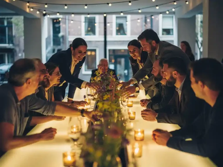 Diverse groep gasten rond een gezellige tafel met wilde bloemen en kaarslicht in een stijlvolle Amsterdamse evenementenruimte.