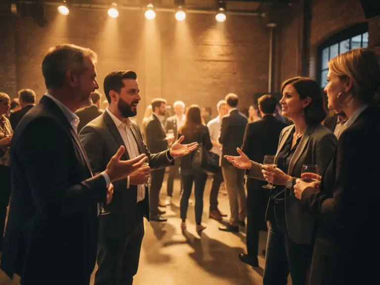 Diverse menigte in gesprek tijdens een evenement in Amsterdam, met warme sfeerverlichting en industriële bakstenen muren op de achtergrond.