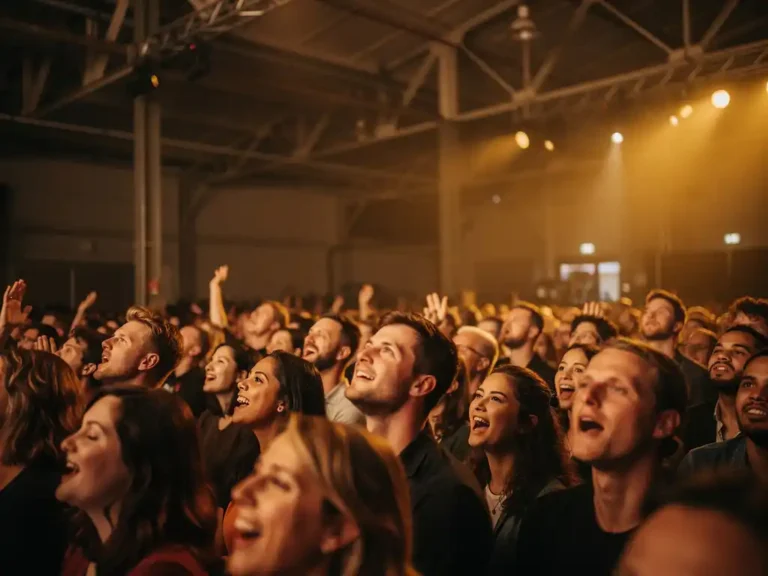 Divers publiek in Amsterdamse industriële evenementenruimte, gezichten verlicht door warm amberkleurig podiumlicht met zichtbare emotie.
