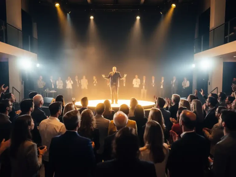 Divers publiek rond verlicht podium in Amsterdamse evenementenruimte, warme amber spots en marineblauw licht creëren intieme sfeer.