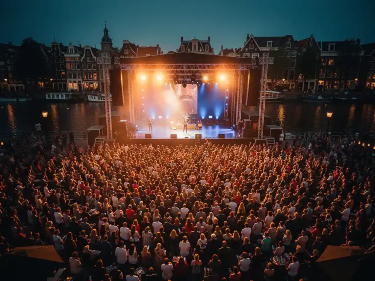 Duizenden bezoekers bij een groot buitenevenement op een verlicht plein in Amsterdam tijdens het gouden uur.