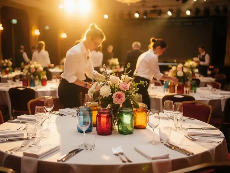 Vrijwilligers schikken bloemstukken op witte tafels tijdens een liefdadigheidsevenement in een warm verlichte Amsterdamse zaal.